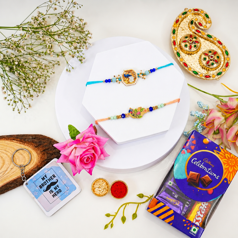 Set of 2 Bluebird & Peacock Rakhi Set for Brother, Bhai, Multicolor