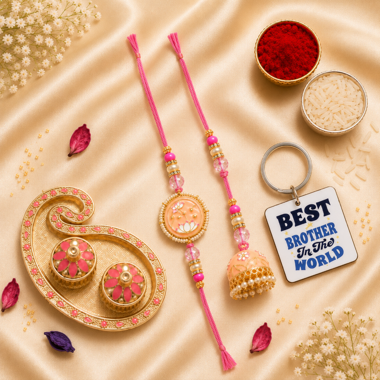 Bhai Bhabhi Rakhi Set | Pink Floral Rakhi with Designer Jhumki Lumba