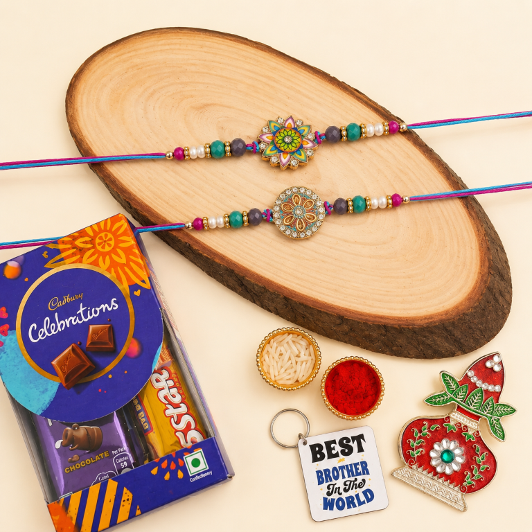 Rakhi Gift Set with 2 Colorful Mandala Rakhi Set, Roli Chawa, Sipra, Key Chain and chocolate box