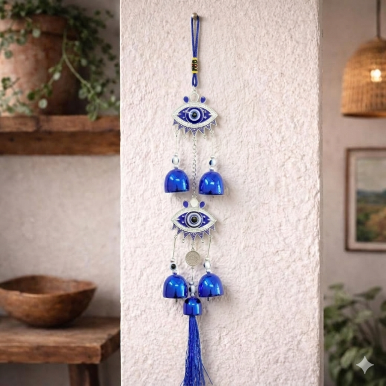 Evil Eye Hanging Nazar Battu for Home House Entrance Protection Door Decoration, Car Mirror Hanging, Housewarming Gift (Wind Chime Evil Eye)