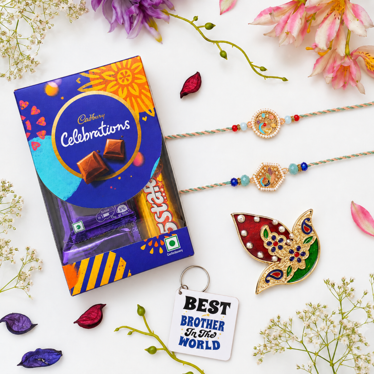 Rakhi Gift Set with 2 Pastel Bird Designer Rakhi Set, Roli Chawa, Sipra, Key Chain and chocolate box