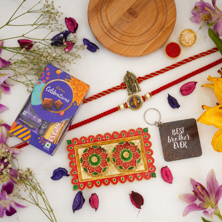 Rakhi Gift Set with 2 Divine Ram Lalla Rakhi Set, Roli Chawa, Sipra, Key Chain and chocolate box