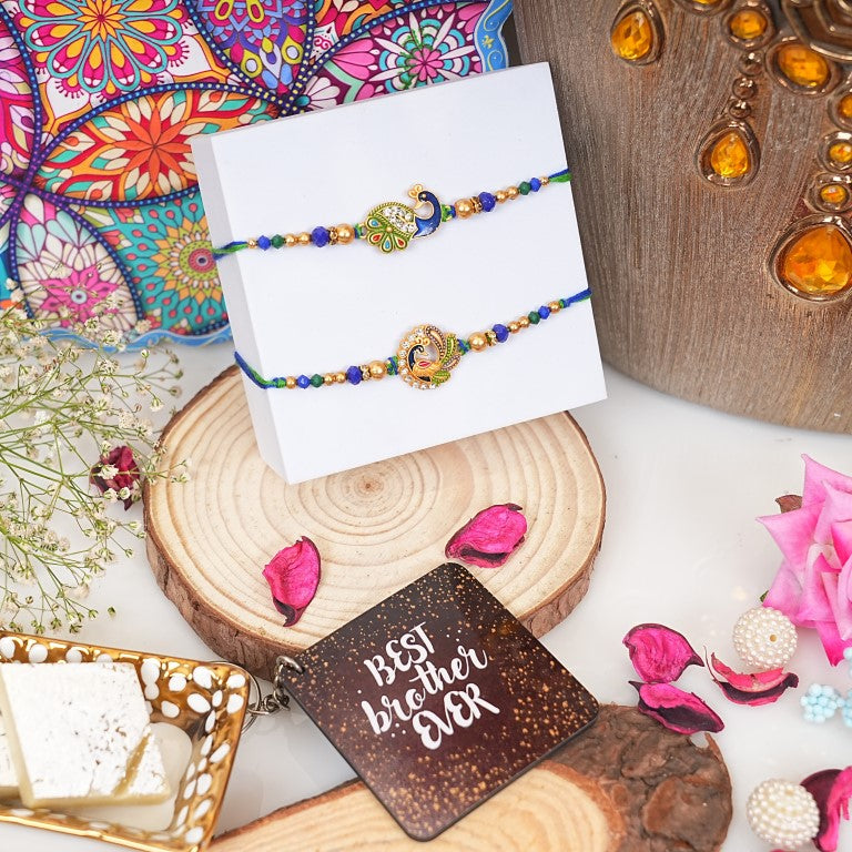 Rakhi Gift Set with 2 Royal Peacock Rakhi Set, Roli Chawa, Sipra, Key Chain and chocolate box