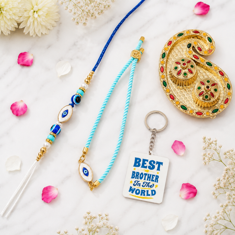 Bhai Bhabhi Rakhi Set | Evil Eye Rakhi & Evil Eye Lumba Bracelet