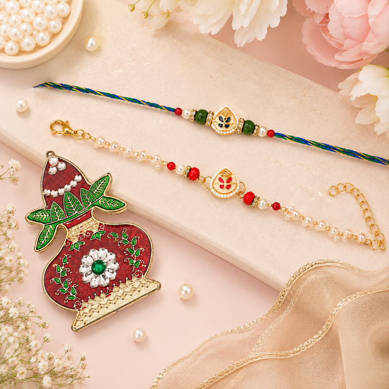 Bhai Bhabhi Rakhi Set | Designer Rakhi & Pearl Lumba Bracelet