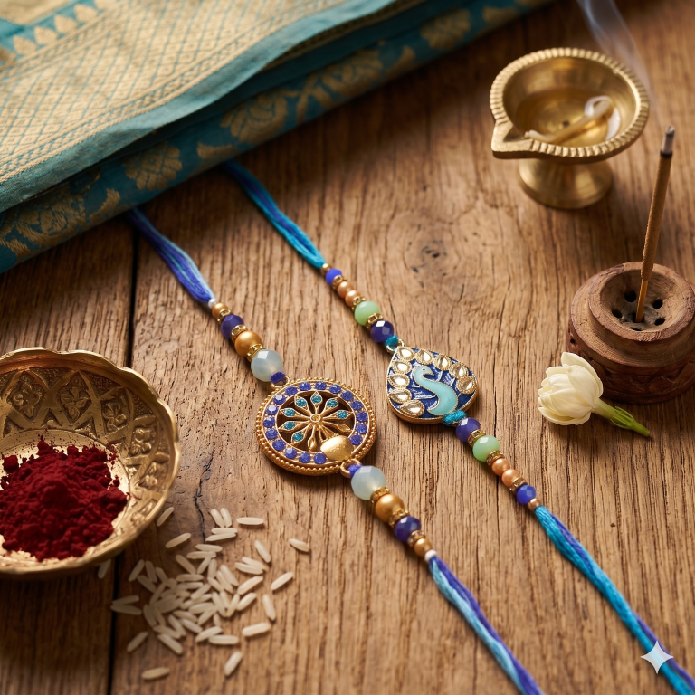 Set of 2 Royal Mandala & Peacock Rakhi Set for Brother & Bhavi, Multicolor