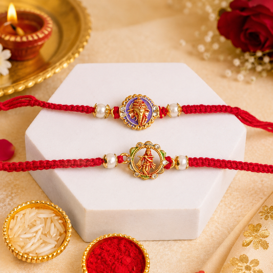 Set of 2 Ganesha & Krishna Rakhi Set for Brother, Bhai, Multicolor