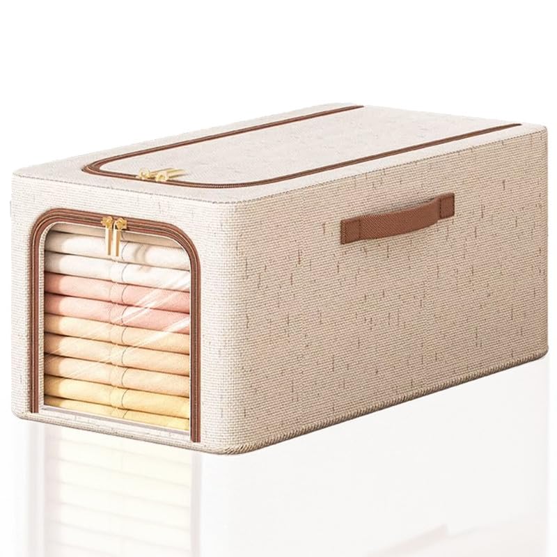 Tiny Shiny Clothes Storage Bin with Metal Frame  and Handle — 49 Litre Quilt Organizer Box | Beige