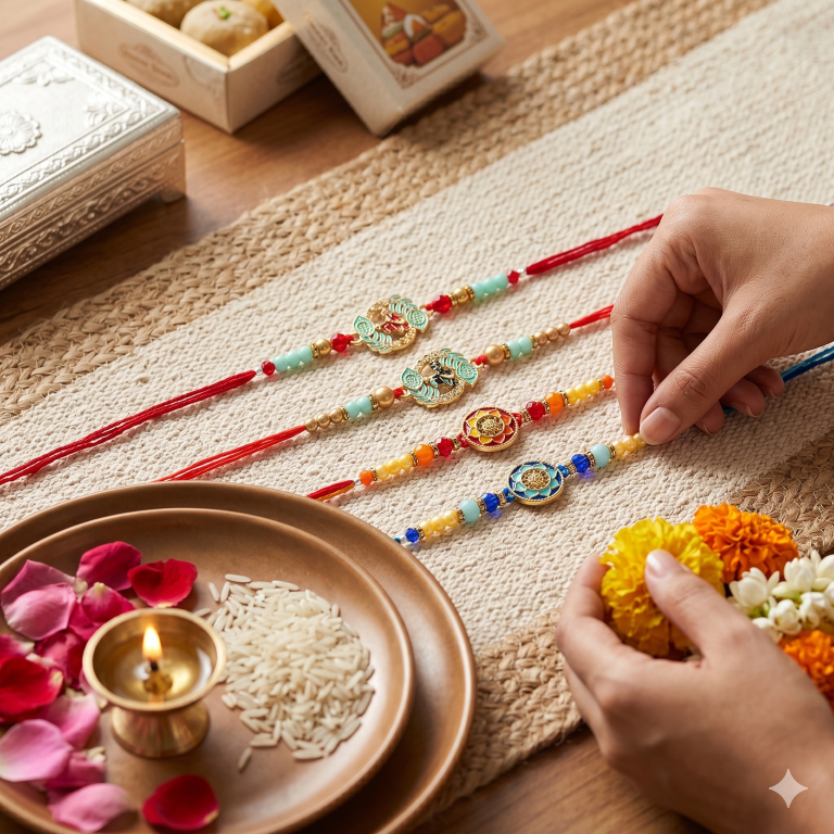 Rakhi Gift Set with 4 Radha Krishna Rakhi Set, Roli Chawa, Sipra, Key Chain and chocolate box