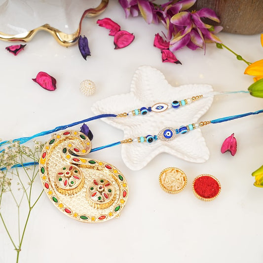 Set of 2 Evil Eye Designer Rakhi Set for Brother & Bhavi, Multicolor
