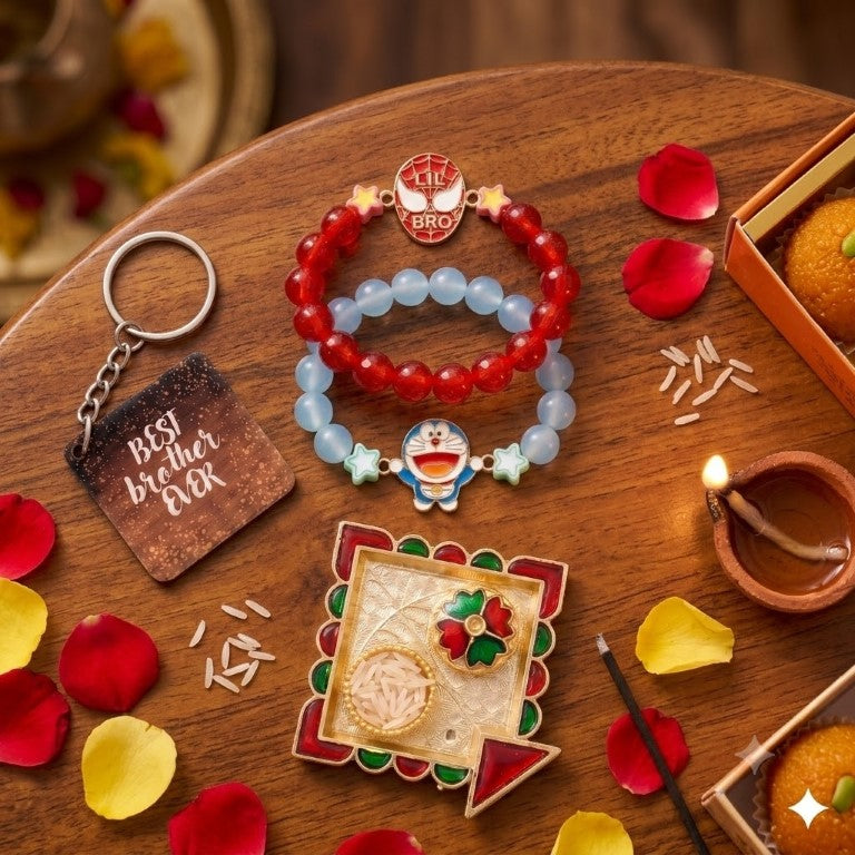 Kids Rakhi Combo Set of 2 with Chocolate, Best Brother Keychain & Roli Chawal | Raksha Bandhan Gift Hamper for Boys