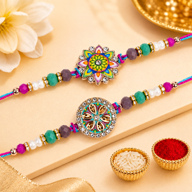 Rakhi Gift Set with 2 Colorful Mandala Rakhi Set, Roli Chawa, Sipra, Key Chain and chocolate box