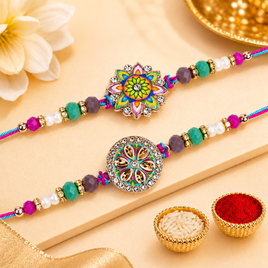 Rakhi Gift Set with 2 Colorful Mandala Rakhi Set, Roli Chawa, Sipra, Key Chain and chocolate box