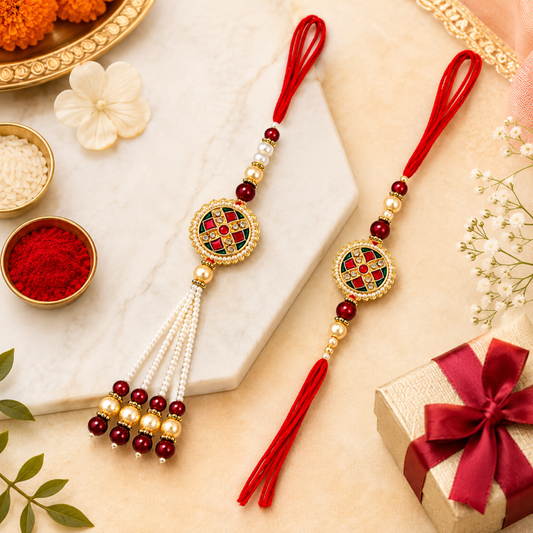 Designer Meenakari Bhaiya Bhabhi Rakhi Set with Pearl Lumba – Red & Green Traditional Raksha Bandhan Rakhi