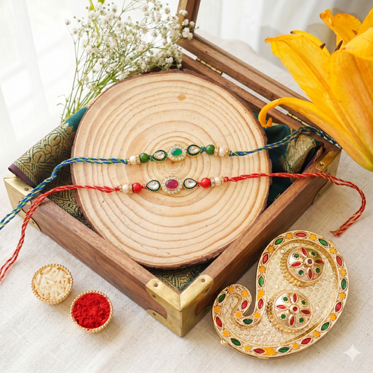 Set of 2 Emerald & Ruby Designer Rakhi Set for Brother & Bhavi, Multicolor