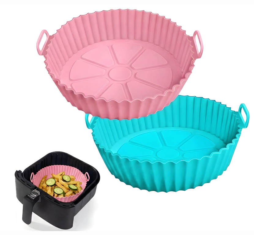 Air Fryer Liners I Round Silicone Basket Baking Tray I Pot with Ear Handles I Nonstick Reusable Heat Resistant I Cooking Oven Insert Accessories - Multicolor (Pack of 2)