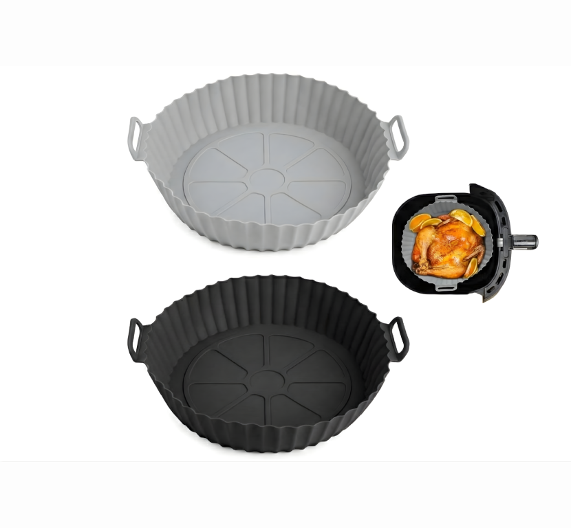 Air Fryer Liners I Round Silicone Basket Baking Tray I Pot with Ear Handles I Nonstick Reusable Heat Resistant I Cooking Oven Insert Accessories - Multicolor (Pack of 2)