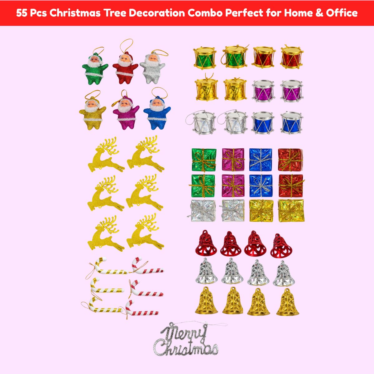 Christmas Tree Decoration Combo Hanging Ornaments Pack of 55