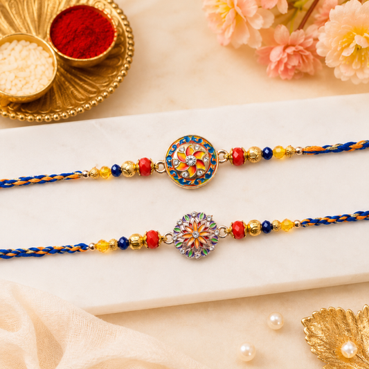 Rakhi Gift Set with 2 Twin Mandala Rakhi Pair, Roli Chawa, Sipra, Key Chain and chocolate box