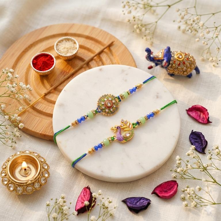 Rakhi Gift Set with 2 Mandala & Peacock Rakhi Set, Roli Chawa, Sipra, Key Chain and chocolate box