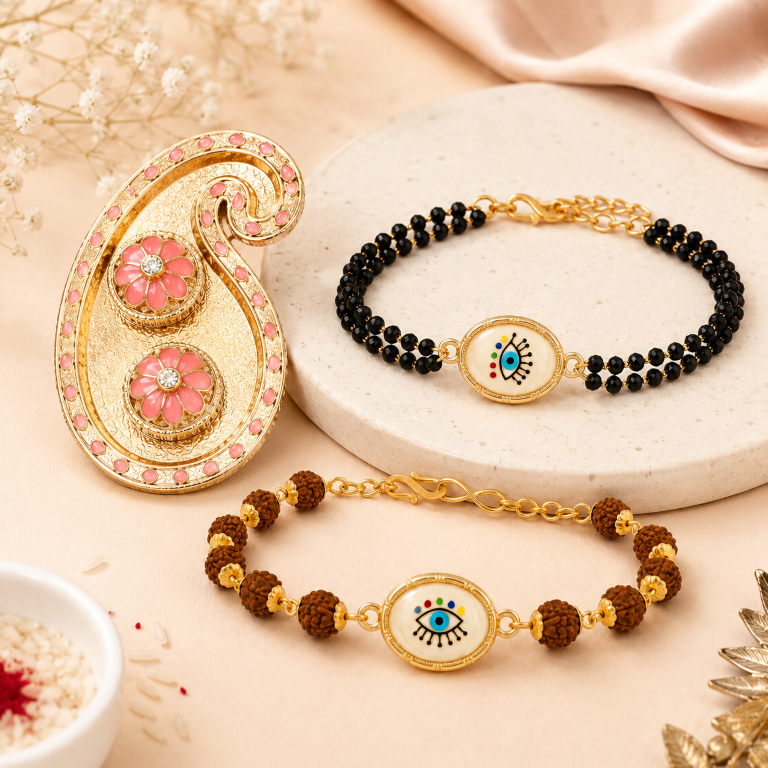 Bhai Bhabhi Rakhi Set | Evil Eye Rakhi & Rudraksha Lumba Bracelet