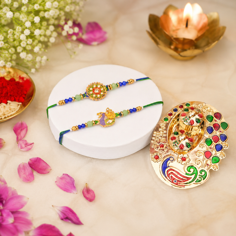 Rakhi Gift Set with 2 Mandala & Peacock Rakhi Set, Roli Chawa, Sipra, Key Chain and chocolate box