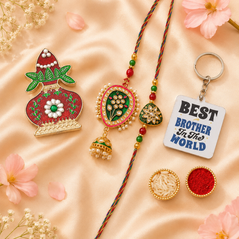 Bhai Bhabhi Rakhi Set | Green Floral Rakhi with Designer Jhumki Lumba