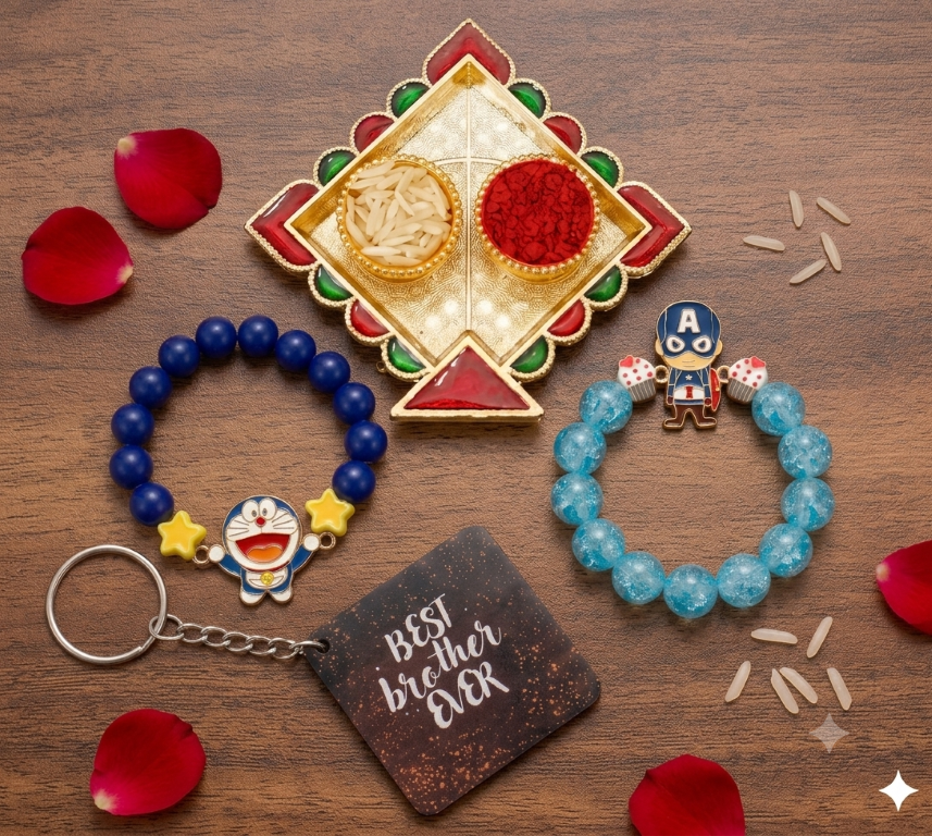 Captain & Doraemon Bracelet Bro Kids Rakhi Set of 2 Designer Rakhi for Brother