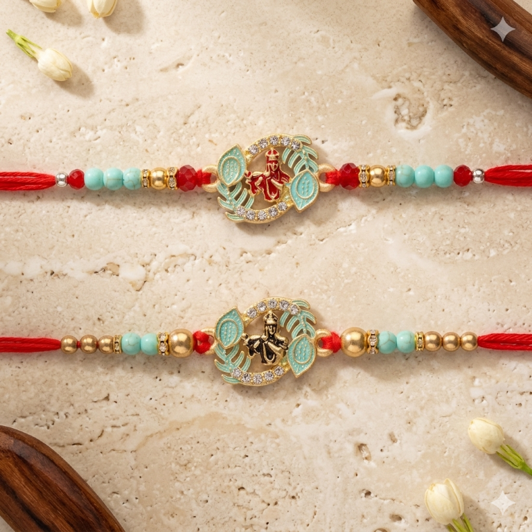 Rakhi Gift Set with 2 Lakshmi Ganesha Rakhi Set, Roli Chawa, Sipra, Key Chain and chocolate box