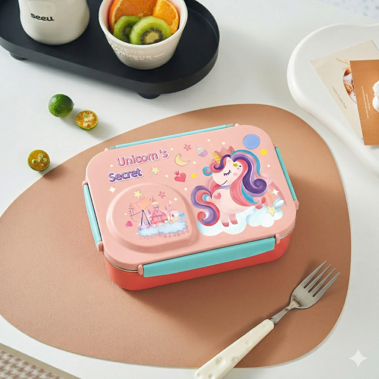 Steel Lunch Lunch Box, 750 ml with 150ml Bowl, BPA Free and Leak Proof, 3 Compartment airtight, with a Spoon & Chopsticks,Unicorn Cartoon Design, Pink, Premium Lunch Box