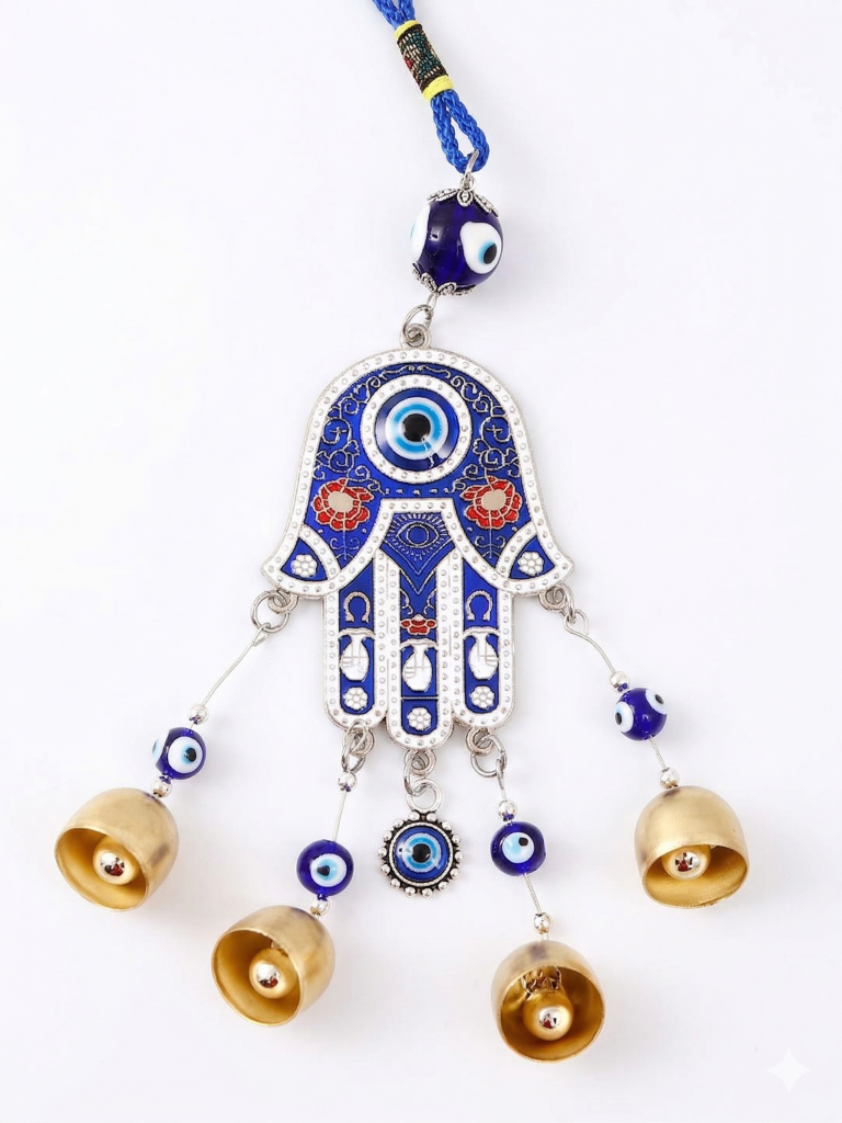 Hamsa Hand Evil Eye Wind Chimes for Good Luck Prosperity, Zodiac Success, Health Wealth Evil Eye Charm for Balcony, Home Entrance, Living Room Handcrafted Home Decor for Gift (Blue)
