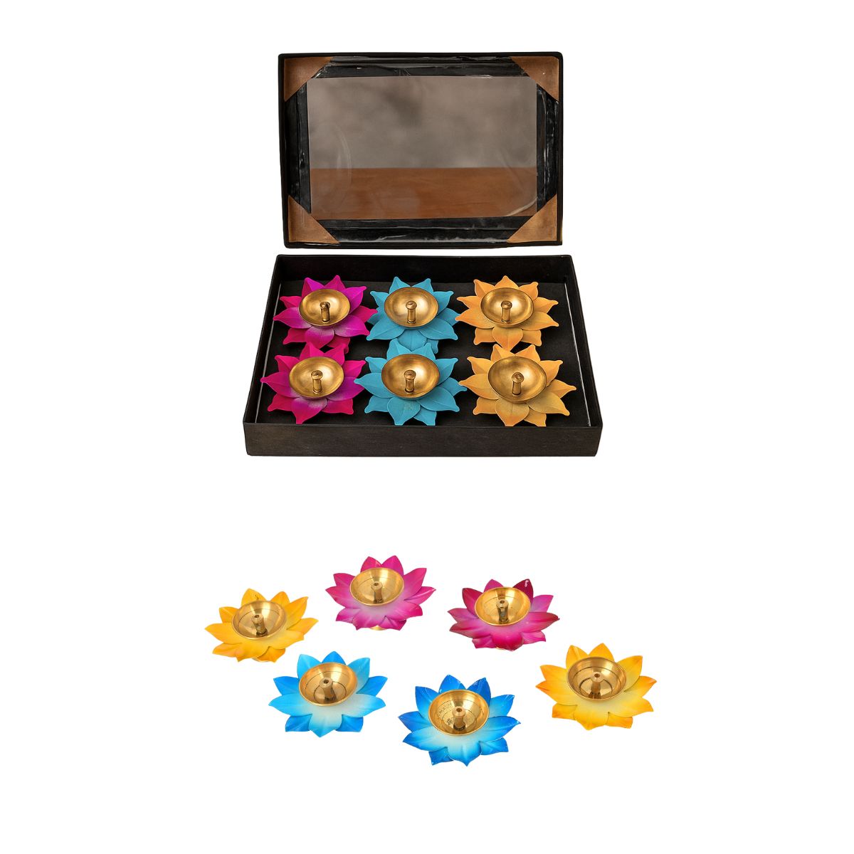 6Pc Brass Diya Lotus Oil Lamp Set