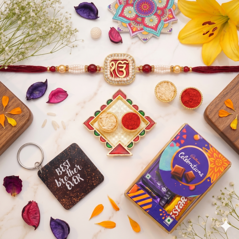 Rakhi Gift Set Brother with Ik Onkar Designer Rakhi, Roli Chawa, Sipra, Key Chain and chocolate box