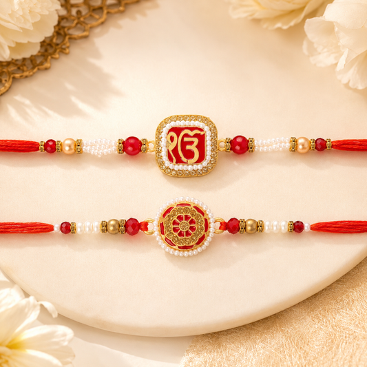 Rakhi Gift Set with 2 Ik Onkar & Mandala Rakhi Set, Roli Chawa, Sipra, Key Chain and chocolate box
