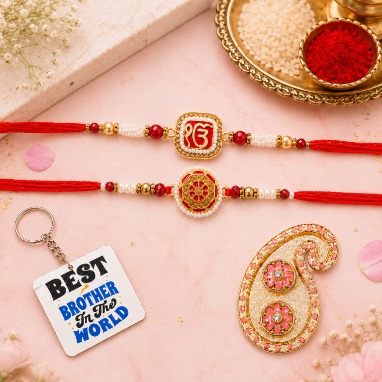 Rakhi Gift Set with 2 Ik Onkar & Mandala Rakhi Set, Roli Chawa, Sipra, Key Chain and chocolate box