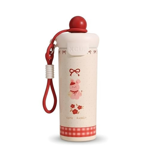 Cute Rabbit Stainless Steel Kids Water Bottle with Straw & Carry Strap – Leakproof Insulated Flask for School