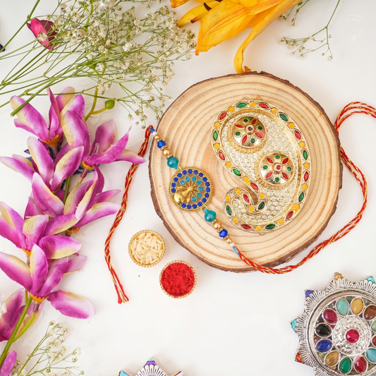 Rakhi Gift Set Brother with Life Tree Rakhi, Roli Chawa, Sipra, Key Chain and chocolate box