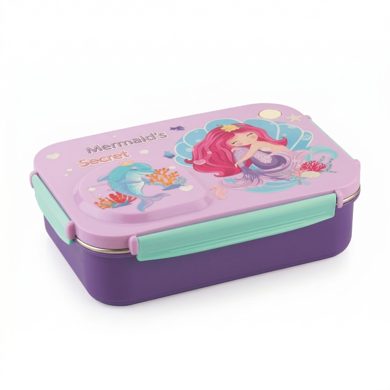 Steel Lunch Lunch Box, 750 ml with 150ml Bowl, BPA Free and Leak Proof, 3 Compartment airtight, with a Spoon & Chopsticks,Mermaid Cartoon Design, Pink, Premium Lunch Box