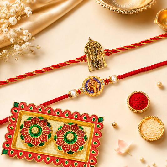Rakhi Gift Set with 2 Divine Ram Lalla Rakhi Set, Roli Chawa, Sipra, Key Chain and chocolate box