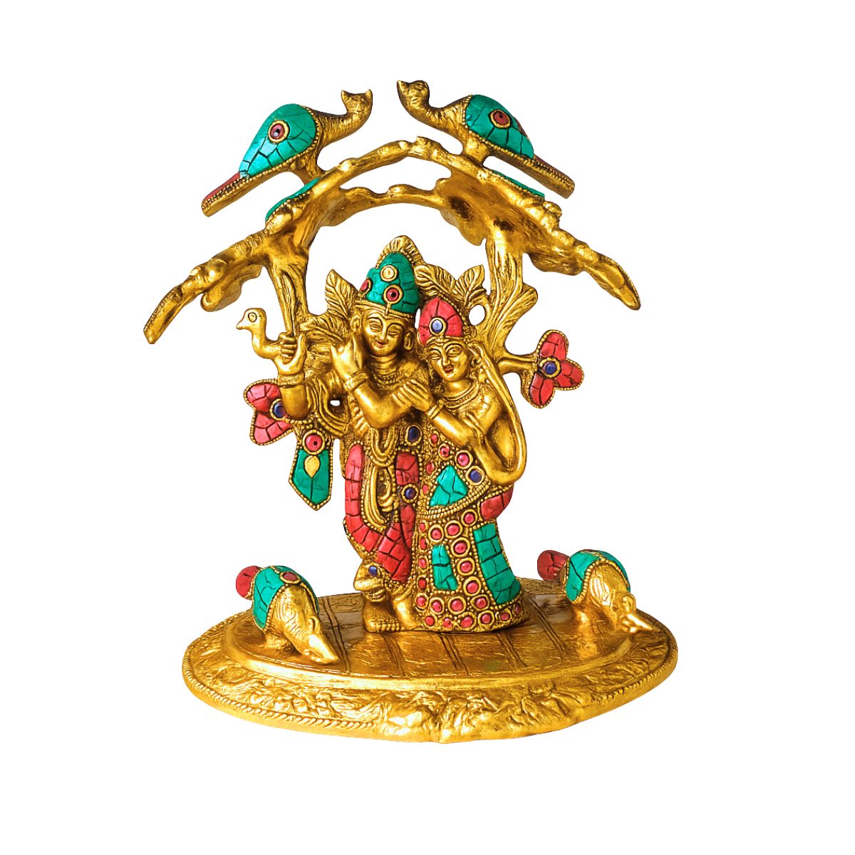Metal Statue of Radha Krishna Under Tree with Peacock