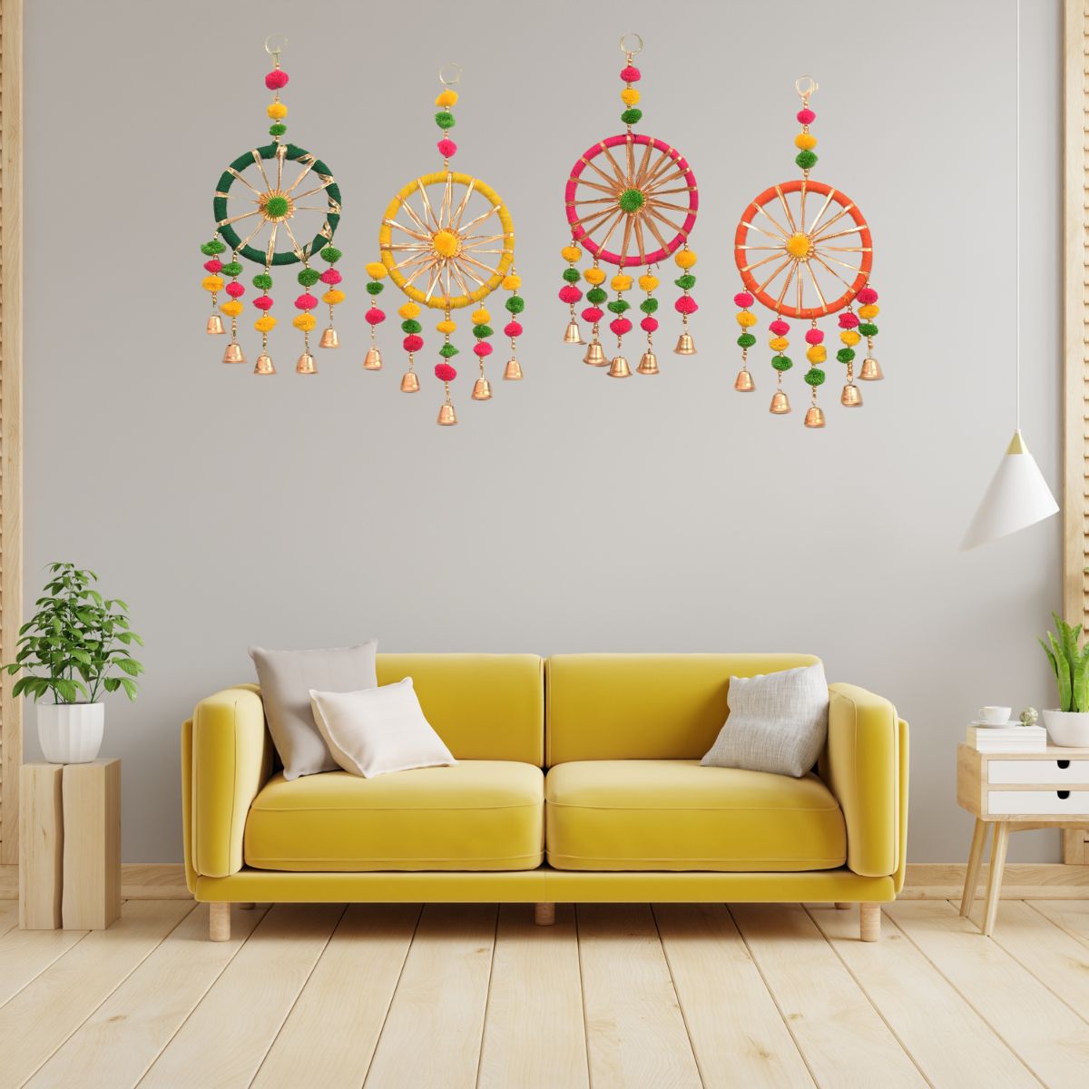 Boho Handmade Dreamcatcher Wall Hanging with Pom Poms & Bells – Colorful Decorative Hanging Set