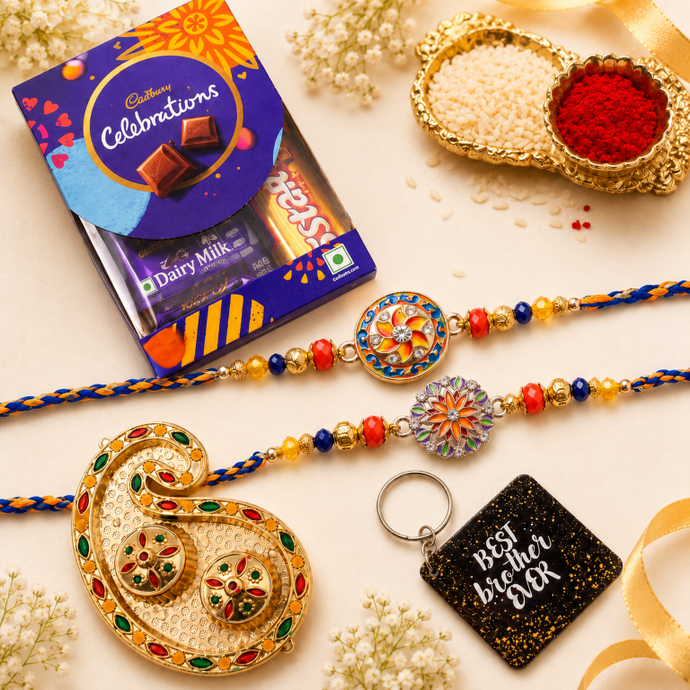 Rakhi Gift Set with 2 Twin Mandala Rakhi Pair, Roli Chawa, Sipra, Key Chain and chocolate box