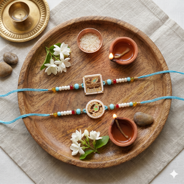 Set of 2 Radha Krishna Rakhi Set for Brother & Bhavi, Multicolor