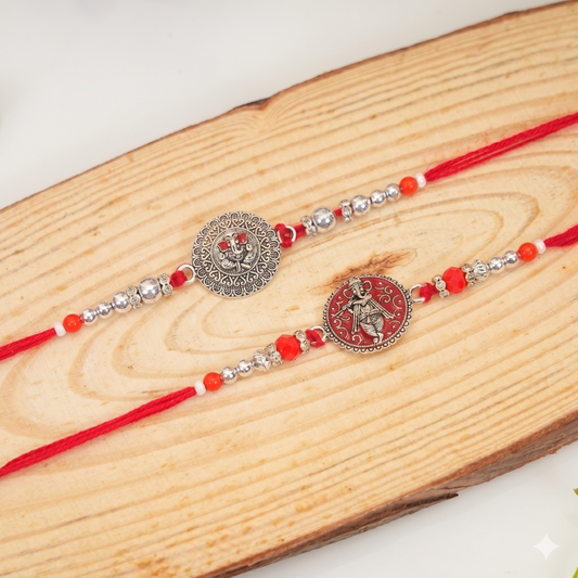 Rakhi Gift Set with 2 Divine Krishna Rakhi Set, Roli Chawa, Sipra, Key Chain and chocolate box