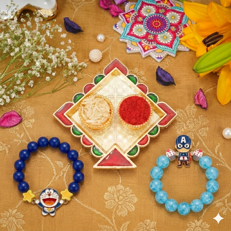 Captain & Doraemon Bracelet Bro Kids Rakhi Set of 2 Designer Rakhi for Brother
