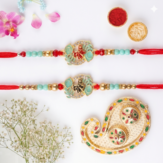 Rakhi Gift Set with 2 Lakshmi Ganesha Rakhi Set, Roli Chawa, Sipra, Key Chain and chocolate box