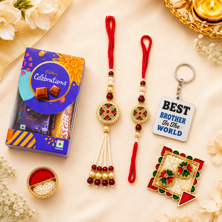 Designer Meenakari Bhaiya Bhabhi Rakhi Set with Pearl Lumba – Red & Green Traditional Raksha Bandhan Rakhi