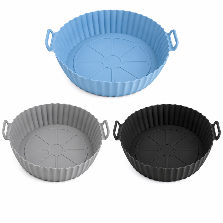 Air Fryer Liners I Round Silicone Basket Baking Tray I Pot with Ear Handles I Nonstick Reusable Heat Resistant I Cooking Oven Insert Accessories - Multicolor (Pack of 3)