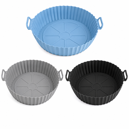 Air Fryer Liners I Round Silicone Basket Baking Tray I Pot with Ear Handles I Nonstick Reusable Heat Resistant I Cooking Oven Insert Accessories - Multicolor (Pack of 3)