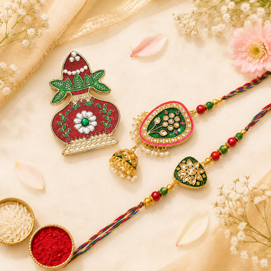 Bhai Bhabhi Rakhi Set | Green Floral Rakhi with Designer Jhumki Lumba